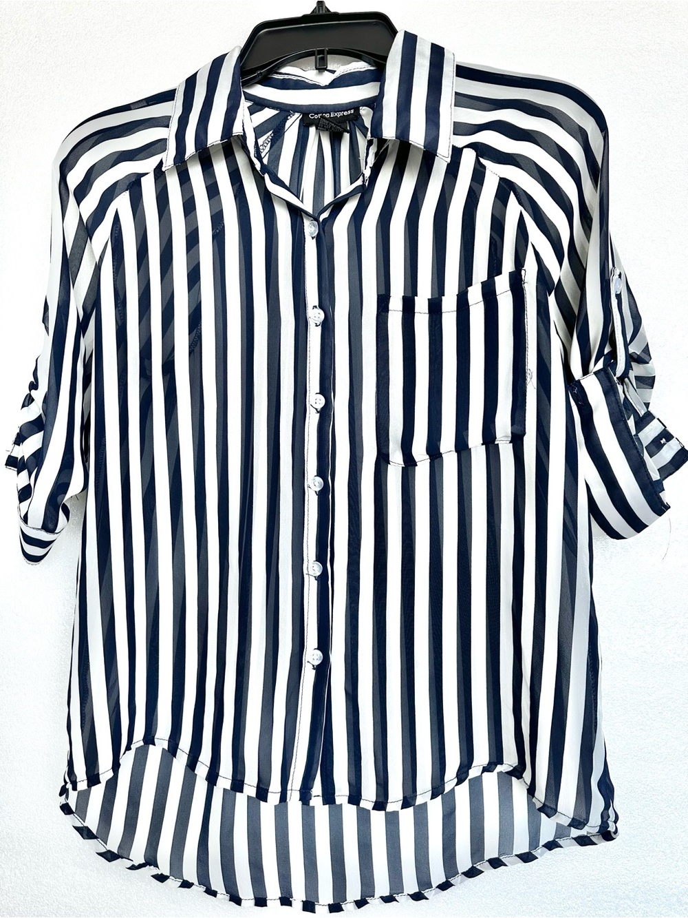 Cotton Express Navy and White Vertical Stripe Casual Button-Down Shirt